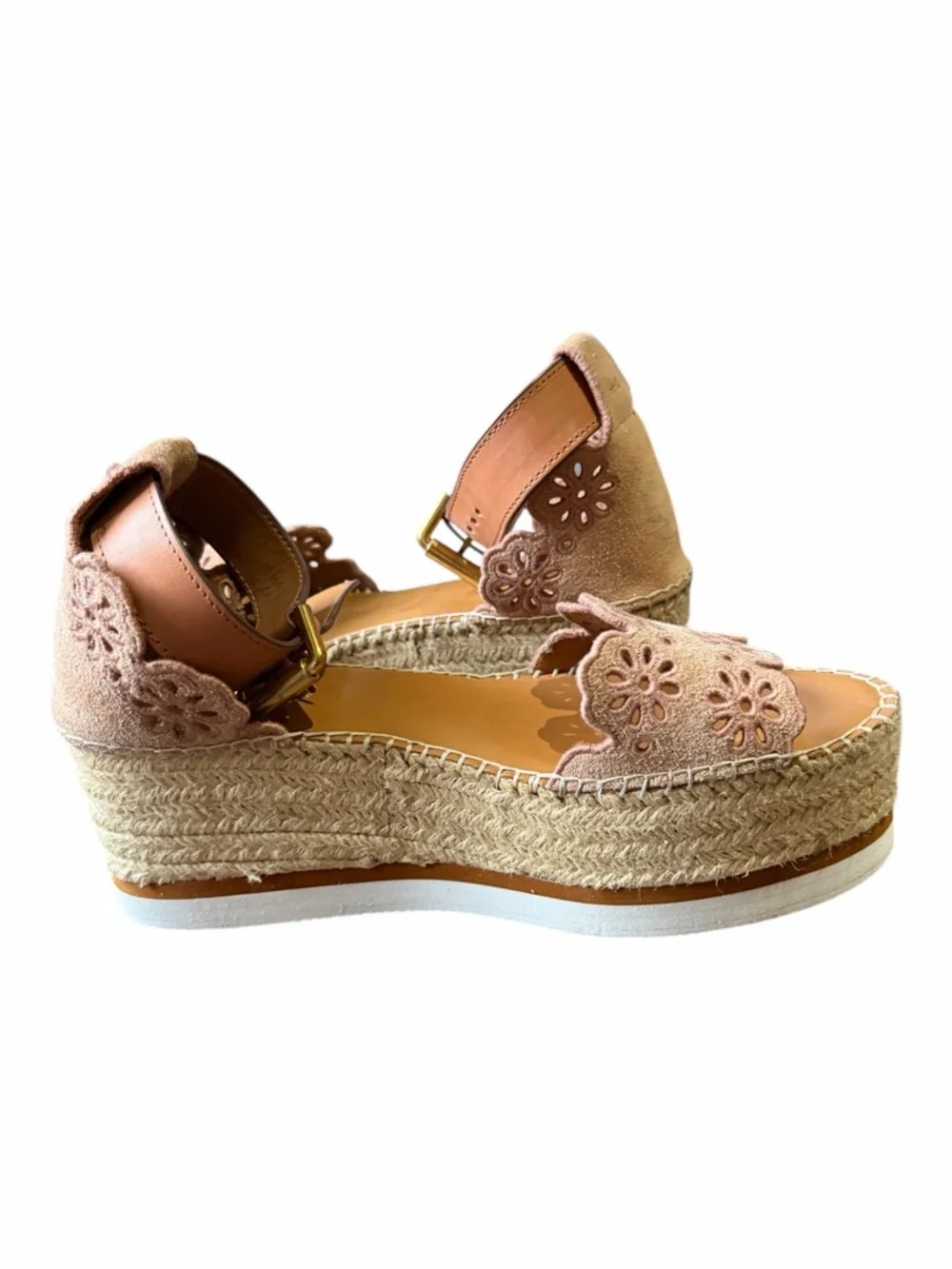 SEE BY CHLOE Glyn Scallop Wedge Espadrille Pink Calf Suede 38 7.5